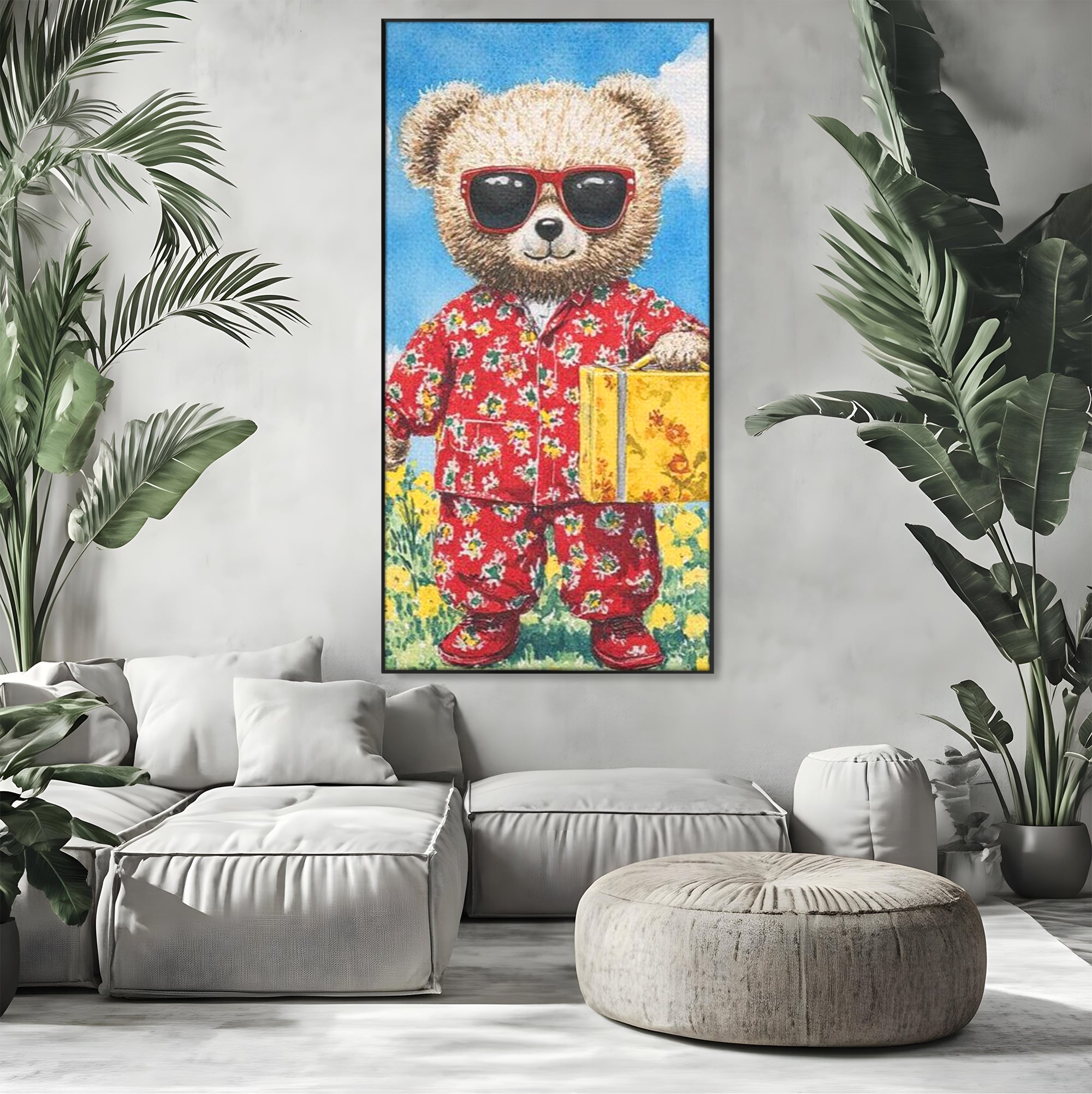 Tablou canvas cu tablou canvas cu ursulet in pijamale, in rama de aluminiu negru, pe perete intr-un living